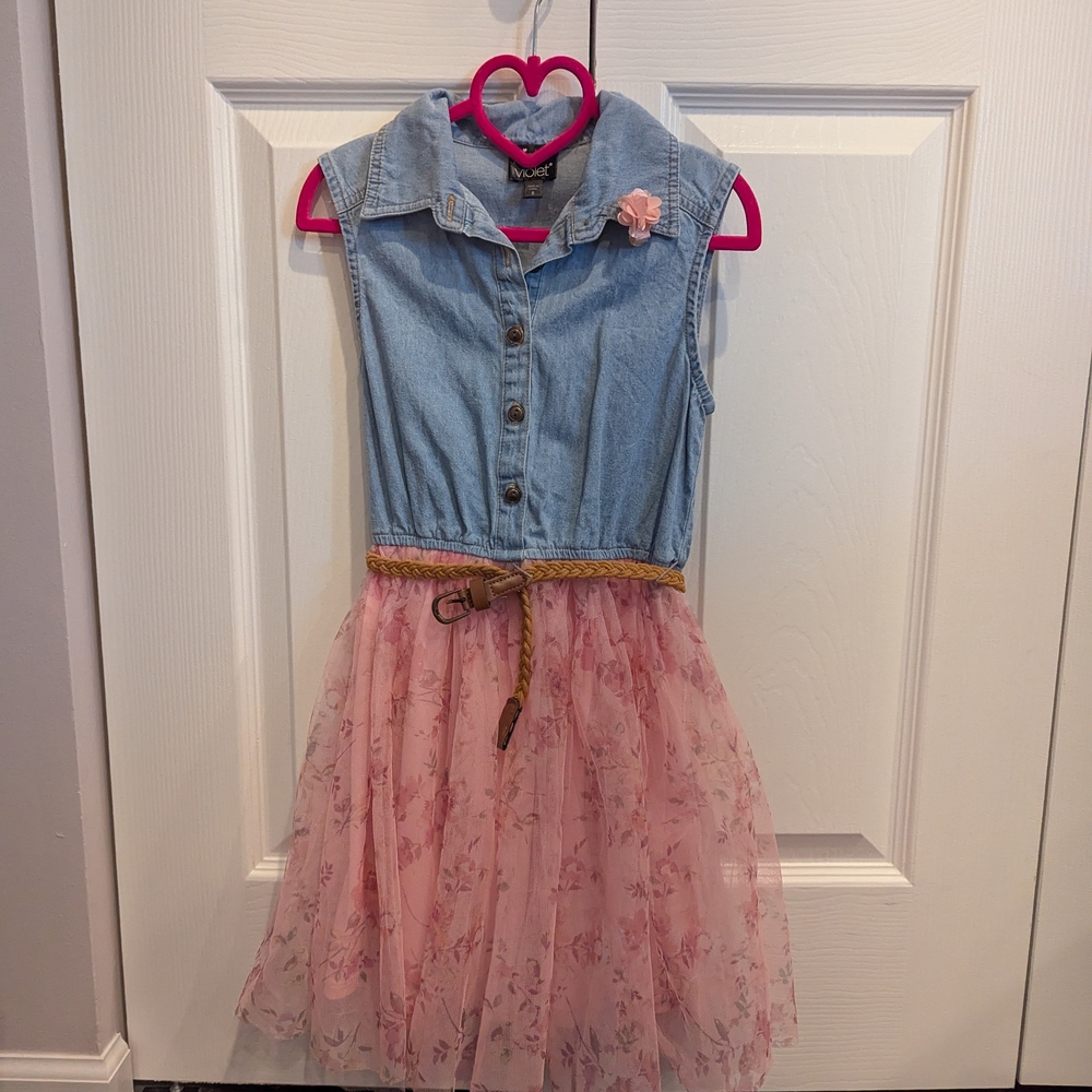Denim and Pink Floral Kids Dress
